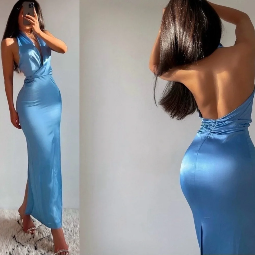 Zara blue satin effect halter top ruched open back midi slip dress NWT - Picture 3 of 16